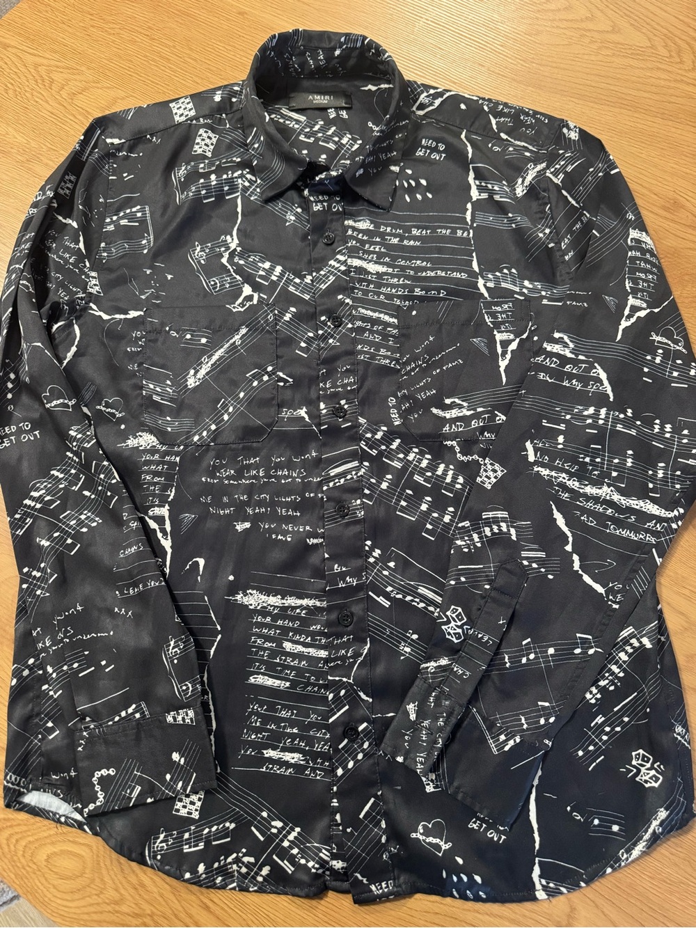 AMIRI Black Button-Down Shirt with White Music & Script Print